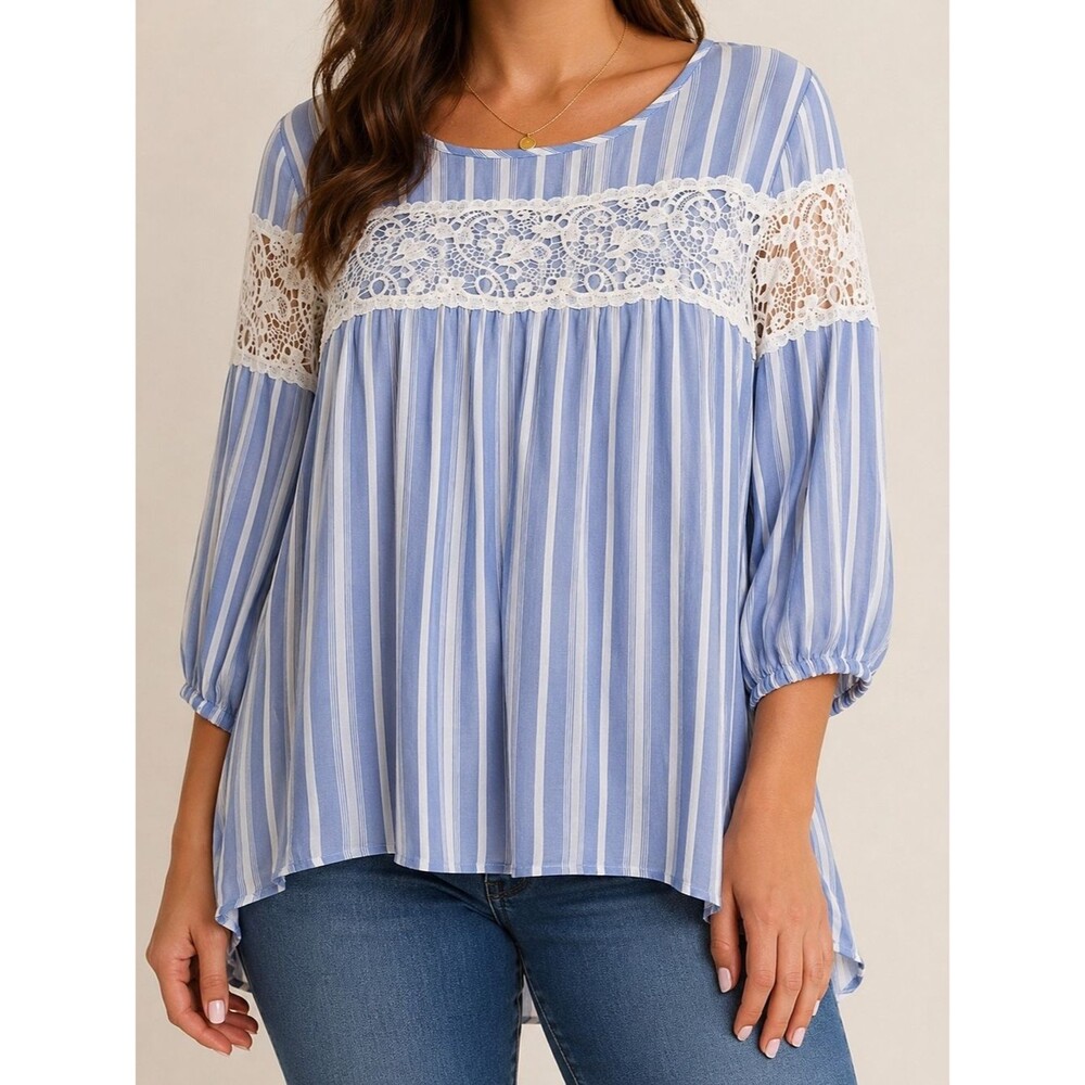 Torrid Blue & White Striped Lace Blouse Size 00 Plus 3/4 Sleeve Peasant Cottagec